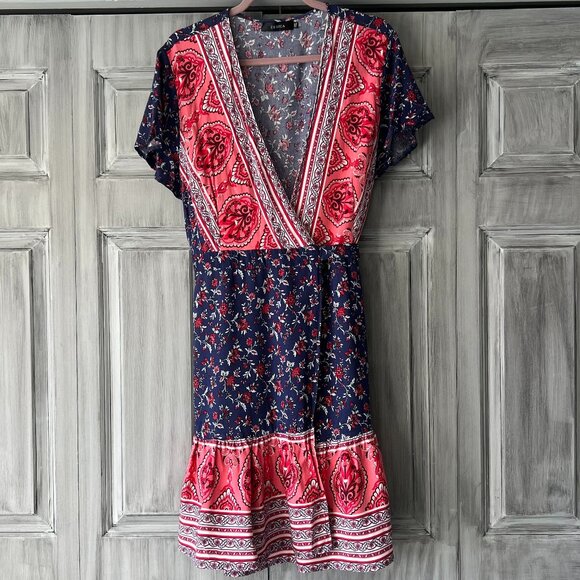 Zesica Boho Wrap Dress Blue Red Pink Floral with Ruffle Bottom Size 2XL - Picture 1 of 6